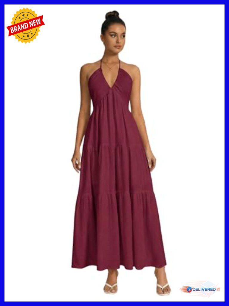 Halter Neck Maxi Dress With Tie Back Flowy Fit & Flare Sleeveless